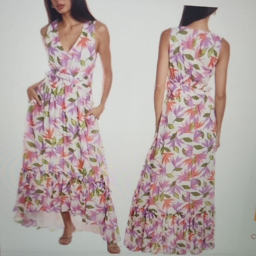 Ramy Brook White Miles Floral V Neck High Low Dress Size 00